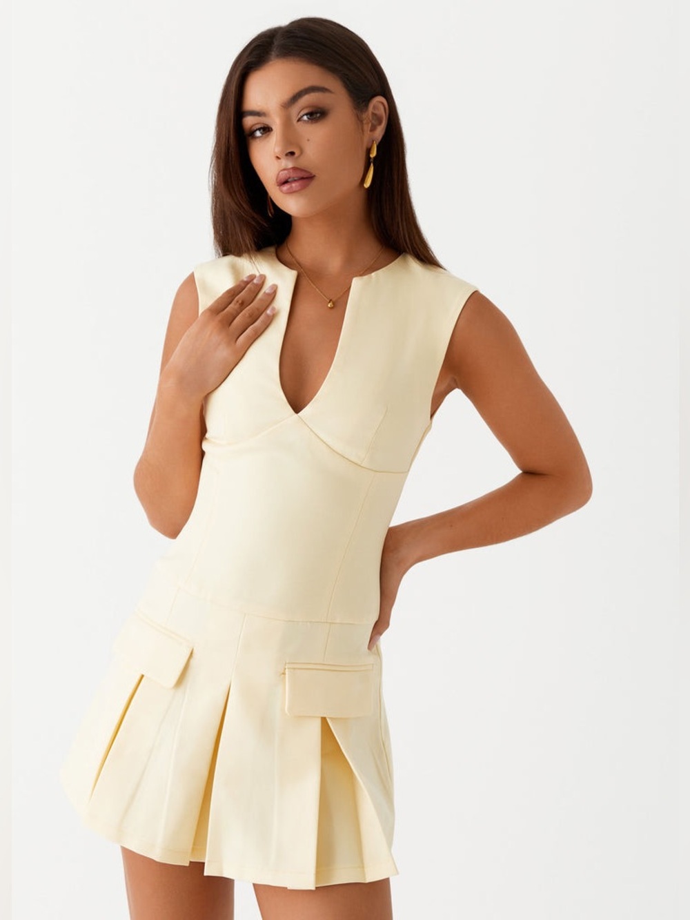 Peppermayo Cream V-Neck Pleated Mini Dress - Picture 2 of 8